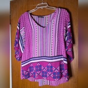 Apt. 9 Women’s 0X Boho Geometric Print Flutter Sleeve Blouse – Purple Pink